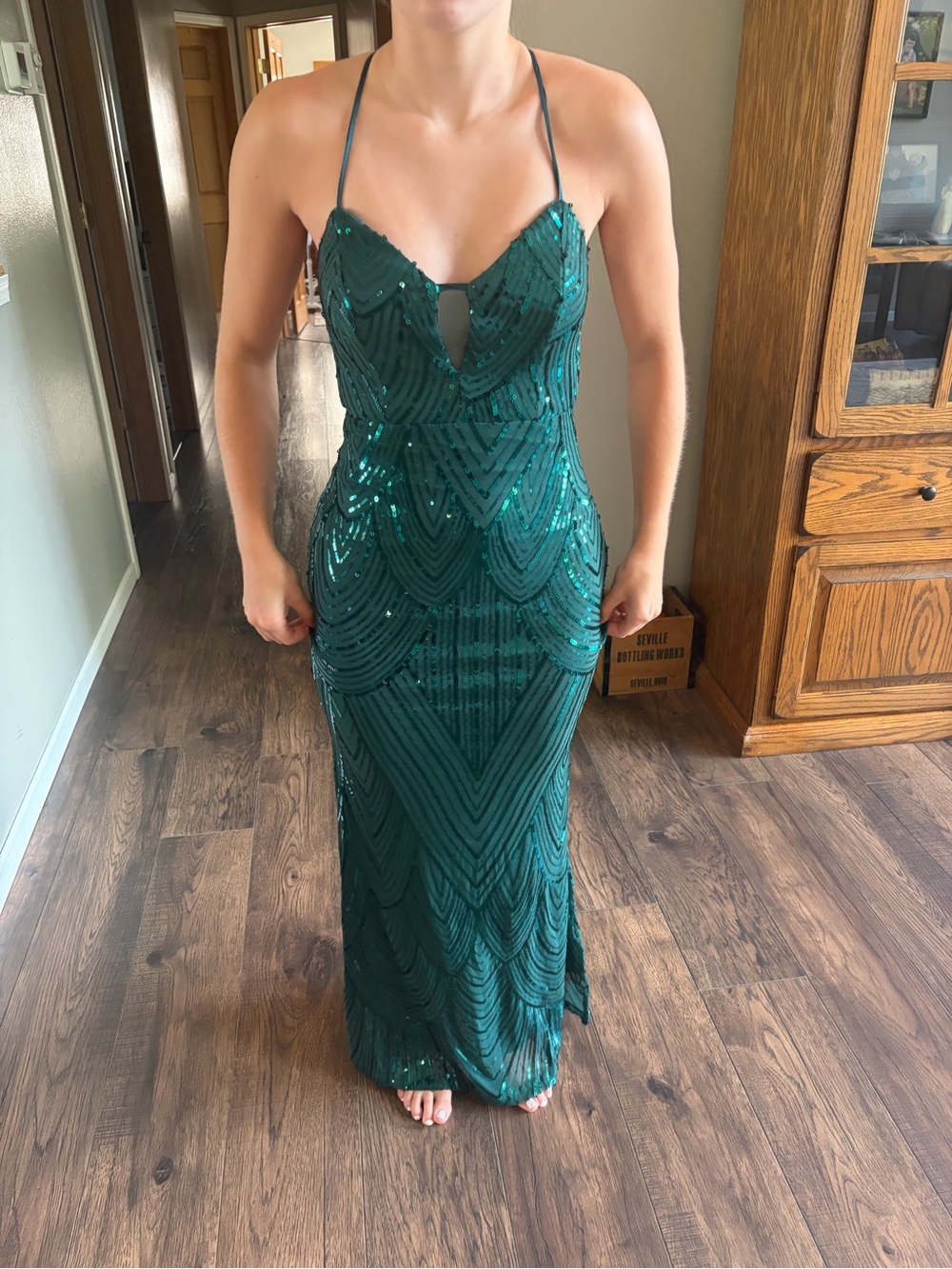 Hello Molly Emerald Green Sequin Halter Gown